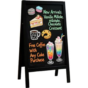 A Frame Chalk Board Easel Sign Extra Large Sidewalk Chalkboard, Pine Wood Sandwich Board Heavy Duty Hinges Double-Sided Display Blackboard for Cafs, Weddings, Party Guide 40x20in Black