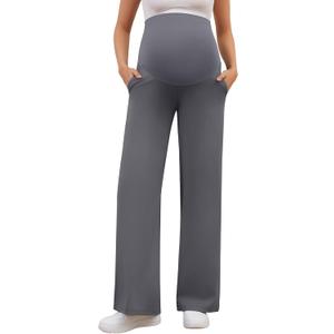 PACBREEZE Women's Maternity Pants Yoga Wide Leg Pregnancy Pants Stretchy Lounge with Pockets(Dark Gray, Small)