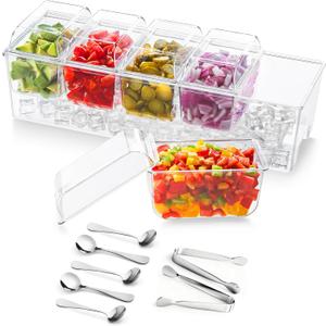 Lifewit Ice Chilled Condiment Caddy with 5x 20 oz Containers, Condiment Server with Lid & Metal Accessories, Serving Tray Platter with Removable Dishes for Bar, Fruit, Salad, Taco, Party Garnish