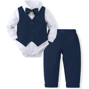 DISAUR Baby Boy Clothes Toddler Boy Outfits 4PCS Gentleman Dress Romper/Vest/Pants/Bow Tie Cotton Suit Sets (6-9 Months, Navy Blue)