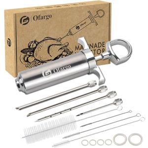 Stainless Steel Meat Injector Syringe Kit with 4 Marinade Needles for BBQ Grill Smoker, 2-oz Large Capacity, Both Paper User Manual and E-Book Recipe