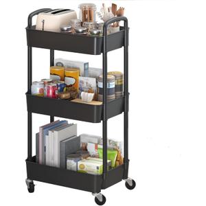 Sywhitta 3-Tier Plastic Rolling Utility Cart with Handle, Multi-Functional Storage Trolley for Office, Living Room, Kitchen, Movable Storage Organizer with Wheels, Black