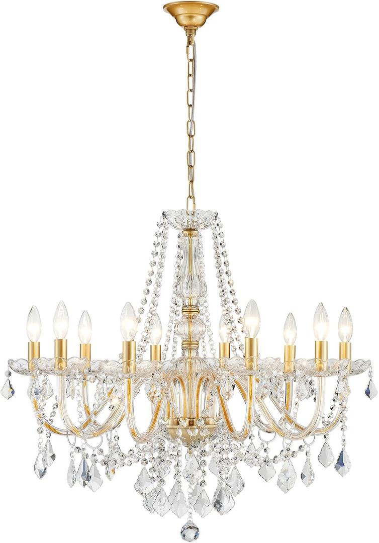 Large Crystal Chandelier, Modern Gold Crystal Chandeliers for Dining Room Light Fixture, 10-Lights Large Gold Pendant Light Fixtures Luxury Chandelier for Living Room Bedroom Foyer Entryway D26.8''