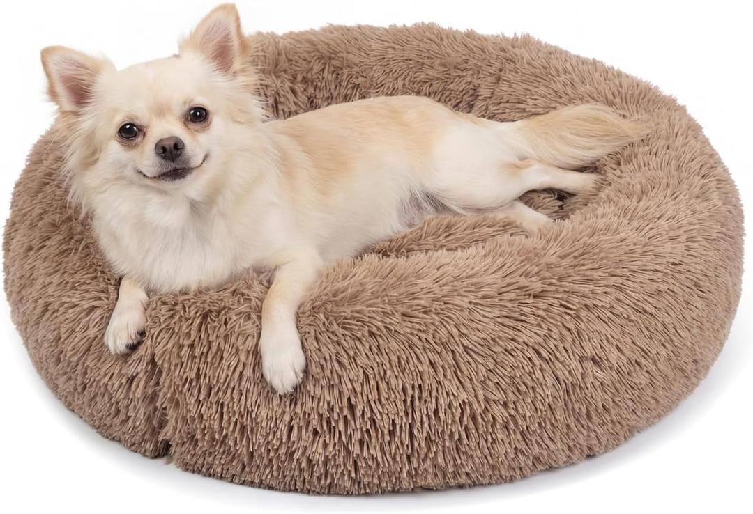 Calming Donut Dogs Beds for Small Dogs Washable,19inch Fluffy Round Puppy Bed for Puppies,Cats & Toy Breeds with Raised Rim,Fits up to 15 lbs Pets,Camel