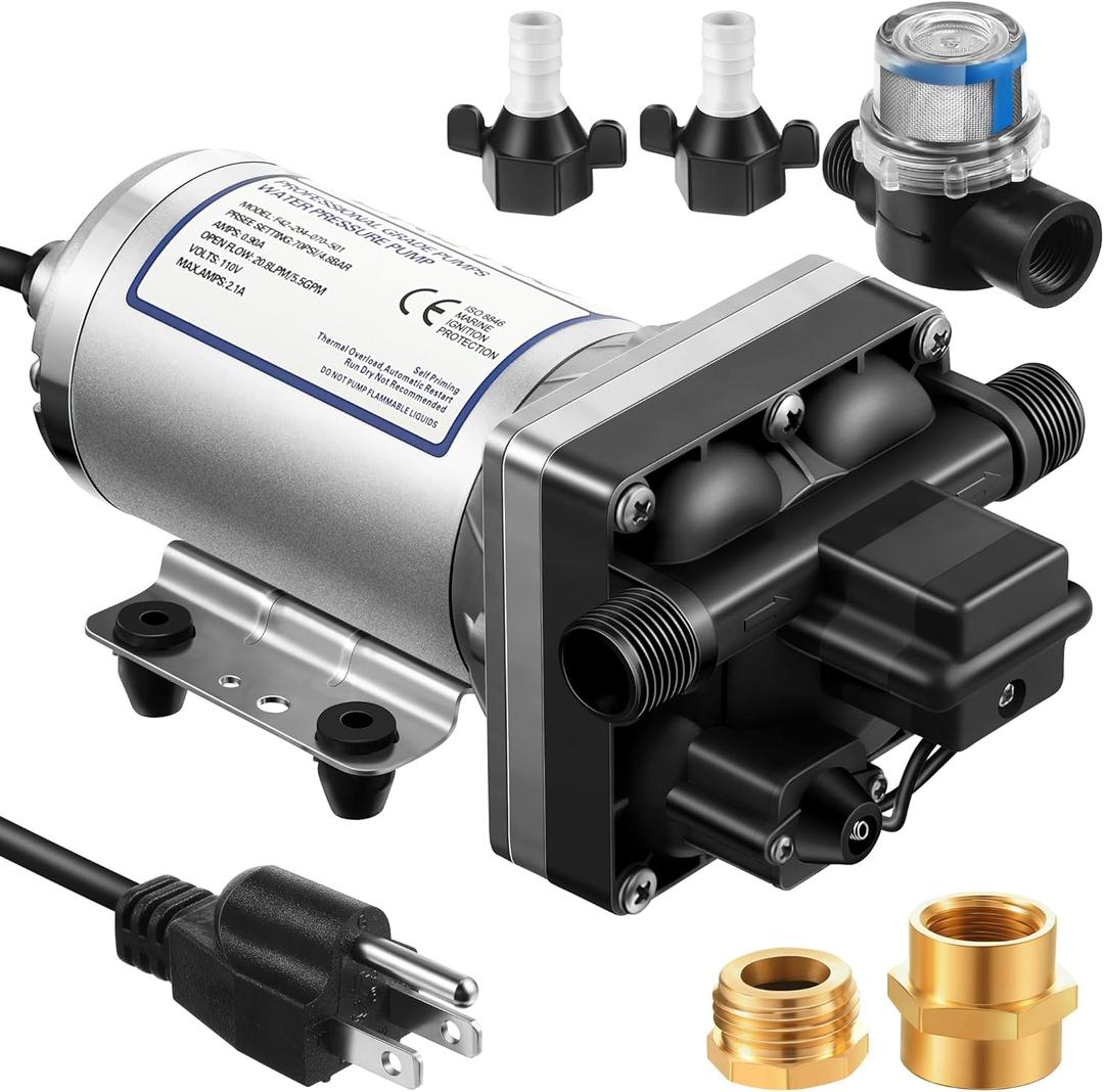 Dreyoo 1 Set Water Pressure Booster Pump 110v 5.5 GPM 70 PSI Self Priming Industrial Water Pump with Power Plug Pipe Fittings Brass Connector Strainer Filter for RV/Caravan/Marine/Home/Garden (Silver)