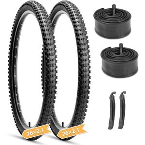 Hycline Mountain Bike Tires Set: 2-Pack 26/27.5/29x2.1 Inch Folding Replacement All-Terrain High-Density Bicycle Tires with Pair Tubes & Tire Levers Compatible for Street Off-Road Riding