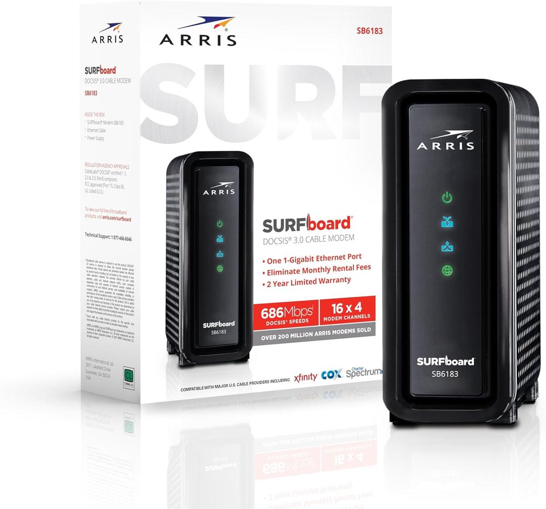 ARRIS (SB6183) Cable Modem - Fast DOCSIS 3.0 16x4 Gigabit Cable Modem, For Comcast Xfinity, Cox, Spectrum and more, 1 Gbps Port, 400 Mbps Max Internet Speed