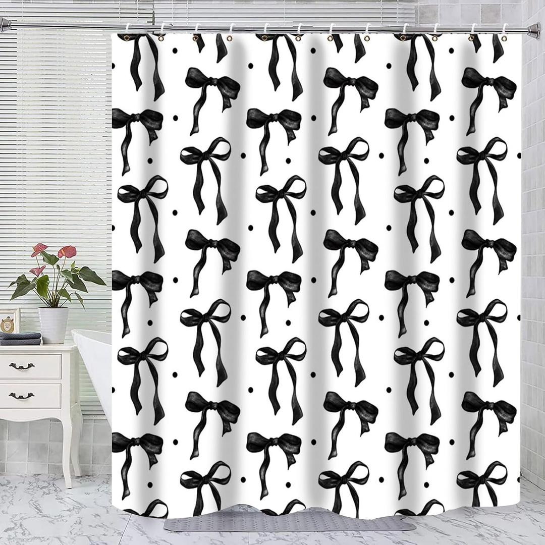 Shower Curtain Black and White, Bow Shower Curtain Set with Hooks, Black Bow Bathroom Accessories Cute Black Bathroom Shower Curtain Waterproof, Girly Bathroom Decor for Teen Girls Women 72x72 Inch