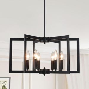 6-Light Black Chandelier Farmhouse Modern Dining Room Light Fixtures Over Table Geometric Candle Chandeliers for Bedroom,Living Room,Foyer,Entryway,Hallway,Kitchen Island Lighting Fixture,E12