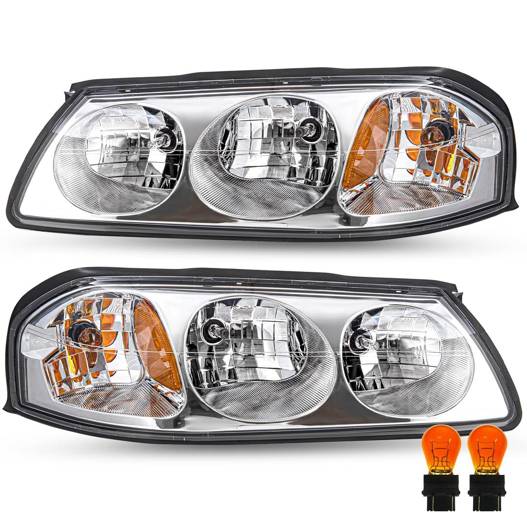 JSBOYAT Headlight Assembly Bulbs Included for 2000-2005 Chevy Impala Headlamp Replacement Passenger and Driver Side, Chrome Housing with Amber Reflector