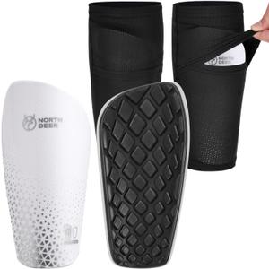 Northdeer Soccer Shin Guards for Kids Adults. Sleeves with Optimized Insert Pocket - Protective Soccer for Boys Girls Men (L (5'3"-5'11"), Shin Pads 1 Pair + Sleeves 1 Pair, White)