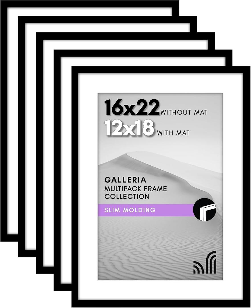 Americanflat 16x22 Picture Frame with Polished Plexiglass - Set of 5 - Use as 12x18 Frame with Mat or Display 16x22 Photo Without Mat - Galleria Collection - Picture Frames for Wall Display - Black