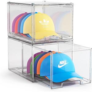 2 Pack Hat Organizer Box for Baseball Caps Organizer, Hat Organizer Box with Sliding Drawer, Hat Storage Organizer, Clear Drawer Stackable for Hats Snapback Cap Storage, Hat Display Case, Hat Holder