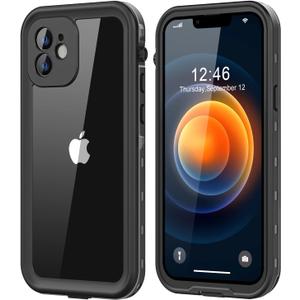 For iPhone 12 Mini Waterproof Case with Built-in Screen Protector, Shockproof Dustproof Full Body Protective IP68 Waterproof Phone Case for iPhone 12 Mini 5.4 Inch (Black/Clear)