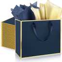 ReliThick 12 Pack Metallic Paper Gift Bag with Handles and Tissue Paper 11.8 x 10 x 4'' Thank You Favor Bag for Graduation Mother's Day Wedding Bridesmaid Groomsman 5 Senses Gifts (Navy Blue,Gold)