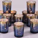 Volens Navy Votive Candle Holders Set of 12, Speckles Mercury Glass Tealight Candle Holder Bulk for Table Wedding Centerpiece, Navy Blue and Gold Themed Party Decorative & Home Decor (Navy Blue+gold)