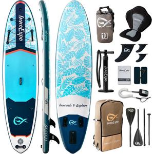 InnoExpo 11' Inflatable Stand Up Paddle Boards with Premium Accessories, Wide Stable SUP Paddle Board Design, Non-Slip Comfort Deck for Youth & Adults, Tropical / Kayak Seat