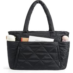 Puffer Tote Bag for Women, Cute Quilted Carryall with Zippered Compartments Shoulder Bag Handbag for Work, Travel, Gym