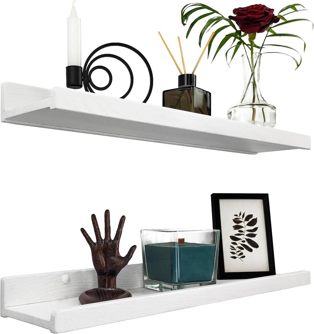 Floating Shelves for Wall 24 inch, Waterproof, Wall Storage Shelves with Lip, Display Picture Ledge Shelf for Living Room Photo Frame, Natural Wood Hanging Book Shelves (White, Set 2)