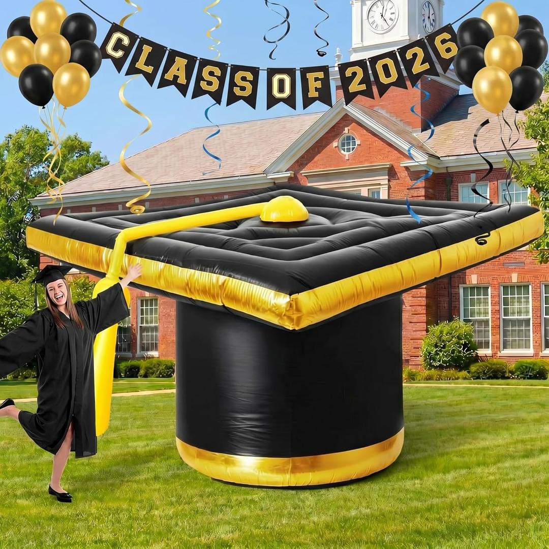 MiniInflat 13 ft Wide 2026 Graduation Cap Inflatable Decoration with Built in LED Lights Black and Gold Congrats Grad Hat Blow Up for Garden Yard Party Indoor Outdoor Decor 6ft Height