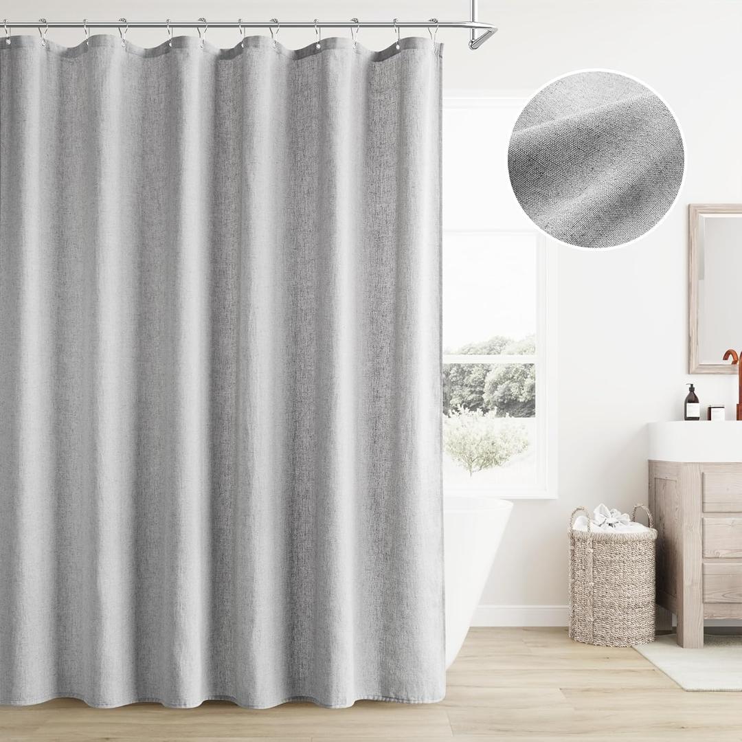 BOODII Linen Shower Curtain Neutral Linen Boho Farmhouse Shower Curtain with Hooks Morden Country Bathroom Decor Light Grey Weighted Burlap Cloth Shower Curtain Heavy Duty Fabric 200GSM 72x84