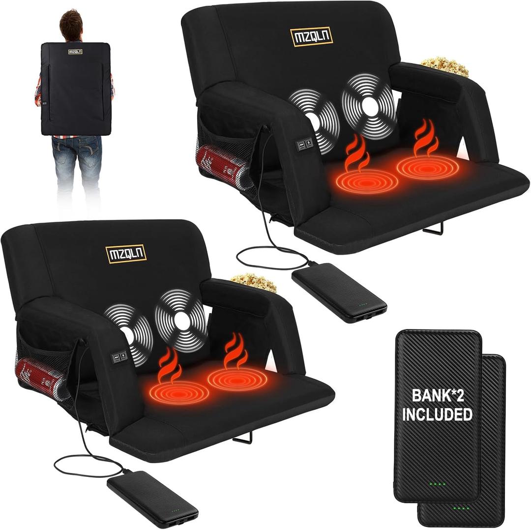 Heated Massage Stadium Seats Pack of 2, 25 Inche Folding Bleacher Chair with 10000mAh Portable Power*2, 3 Levels of Heat&Massage, 6 Reclining Positions for Camping, Sports