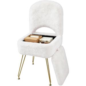 Vanity Stool Chair with Storage and Folding Back, 4 Metal Legs with Anti-Slip Feet, 15.8" x 15.8" x 33" Square Ottoman with Furry Padded Seat for Makeup, Bedroom, White