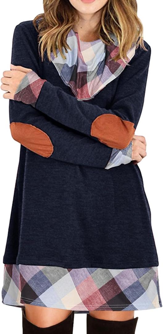 Alaster Queen Women's Long Sleeve Fall Dresses 2024 Trendy Casual Plaid Cowl Neck Winter Tunic Dress for Women (Medium, Navy Blue)