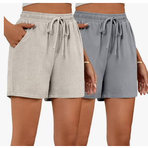 Ficerd 2 Pack Women's Linen Wide Leg Shorts, Casual High Waisted Drawstring Shorts Pant Comfy Summer Beach Short with Pockets M