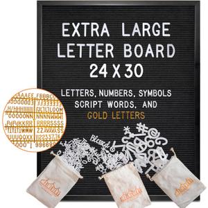 Black Felt Letter Board in Black Frame 24x30 Inch w/Gold Letters, Back to School Big Felt Board, Large Menu Board