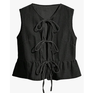 SHENHE Women's Y2k Tie Front Denim Vest V Neck Ruffle Hem Sleeveless Peplum Jean Top Shirt S