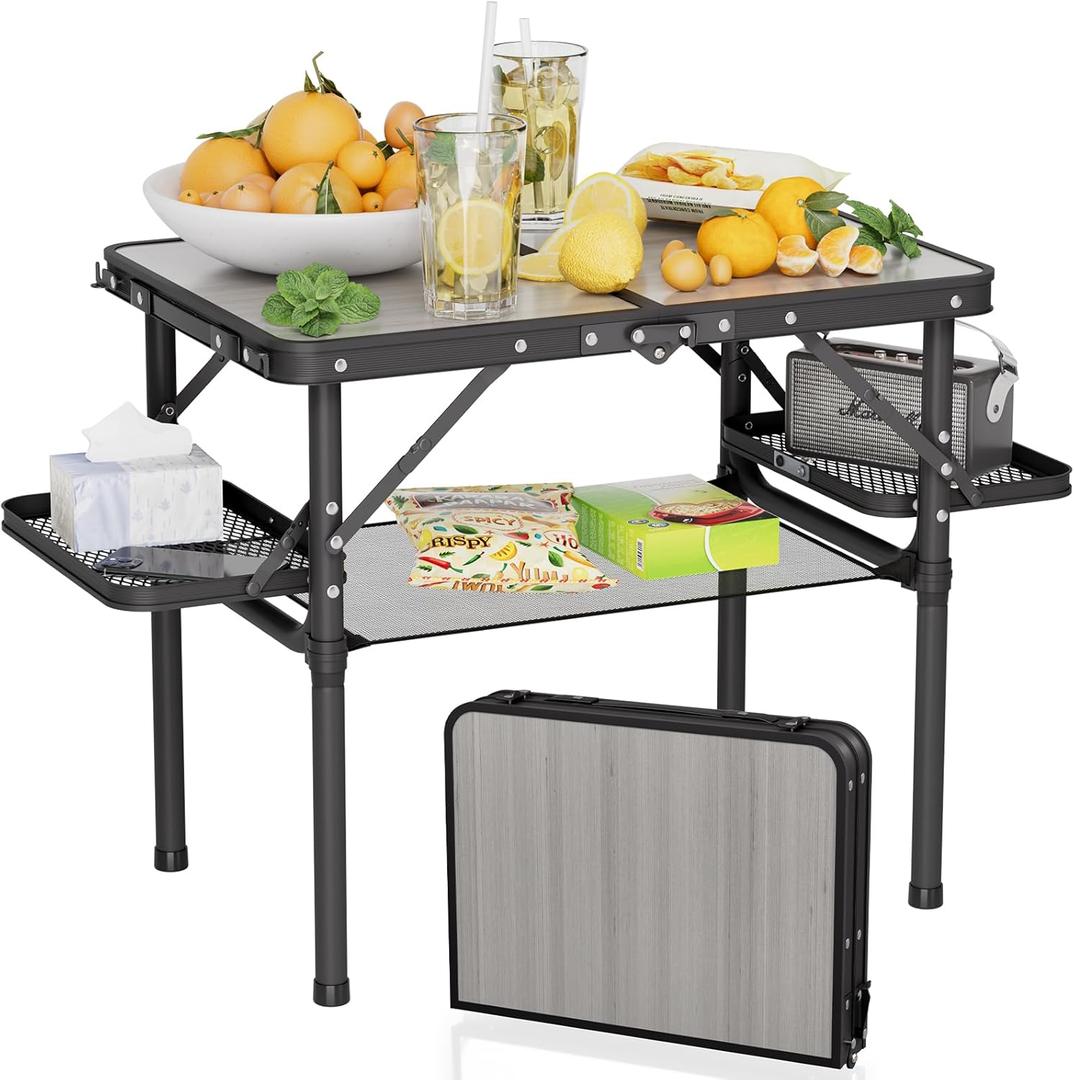 Titanker Folding Camping Table 2ft, Small Folding Camp Table Portable with 50% Extra Space, Small Picnic Table, Portable Beach Desk, Car Camping Essentials, Aluminum Light & Solid (Light Oak & Storage Net)