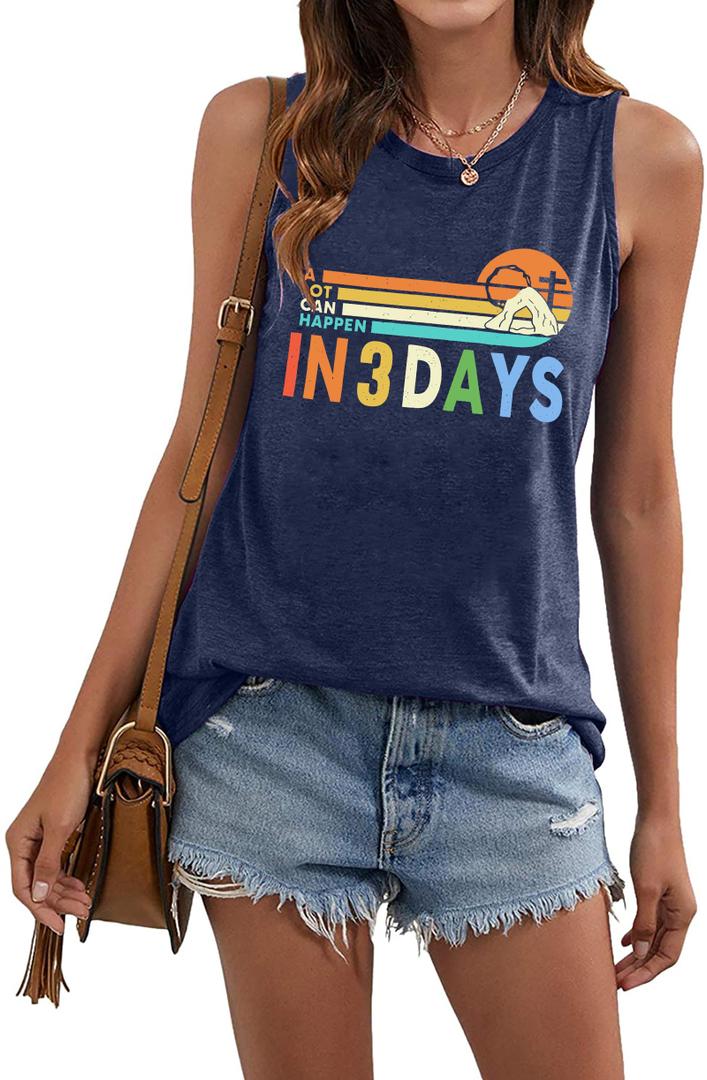 2 x Easter Shirts for Women Easter Christian Tee a Lot Can Happen in Three Days Casual Sleeveless Tank Tops (Blue, L)
