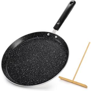 10 Inch Nonstick Crepe Pan with Spreader, Flat Skillet Tortilla Pan with Granite Coating, Round Griddle Pancake Pan with Stay-Cool Handle, Induction Compatible, PFOA Free, Black