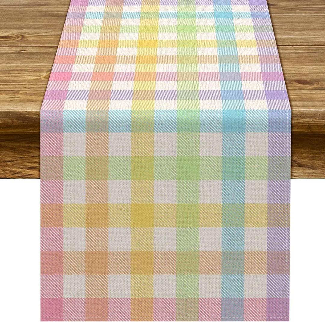 Pudodo Easter Buffalo Plaid Check Table Runner Spring Holiday Farmhouse Fireplace Kitchen Dinning Room Home Party Decoration (13" x 48")