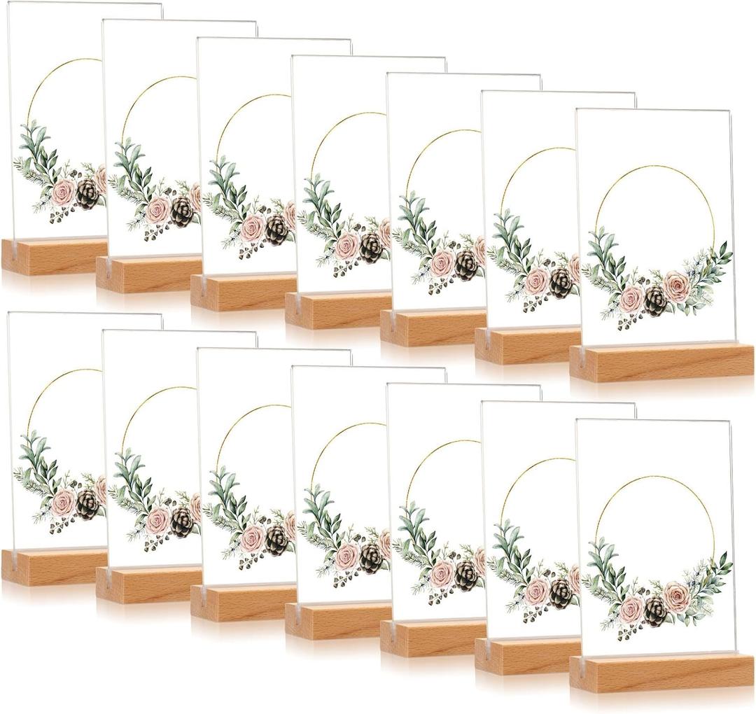 Vinsot 16 Pack 5 x 7 Inch Clear Acrylic Sign with Wood Base T Shape Sign Holder Vertical Blank Stands Desktop Display Plastic Menu Frame Double Sided Stand for Wedding Restaurant Party Decor