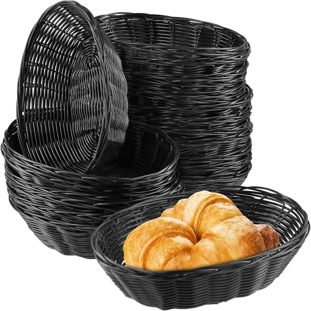 20 Pack 9 x 6 x 2.4 Inch Black Wicker Bread Basket, Woven Oval Plastic Basket Serving Baskets, Empty Woven Baskets for Storing Food, Bread, Fruits, Vegetables
