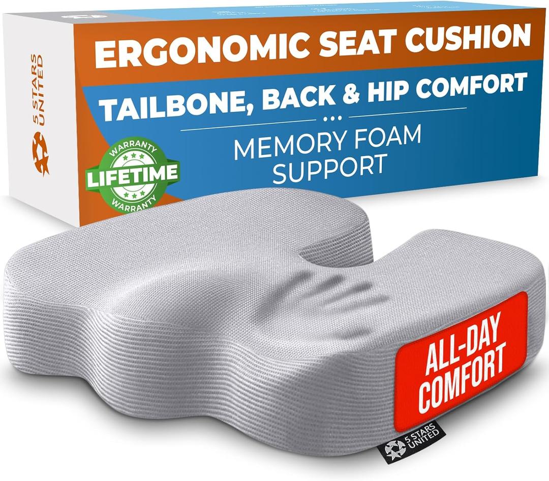 5 STARS UNITED Seat Cushion - Memory Foam Chair Cushion for Tailbone Pain Relief - Ergonomic Support for Coccyx, Sciatica & Butt - Office, Desk & Gaming Chair, Car Seat, Wheelchair, Airplane, L Gray