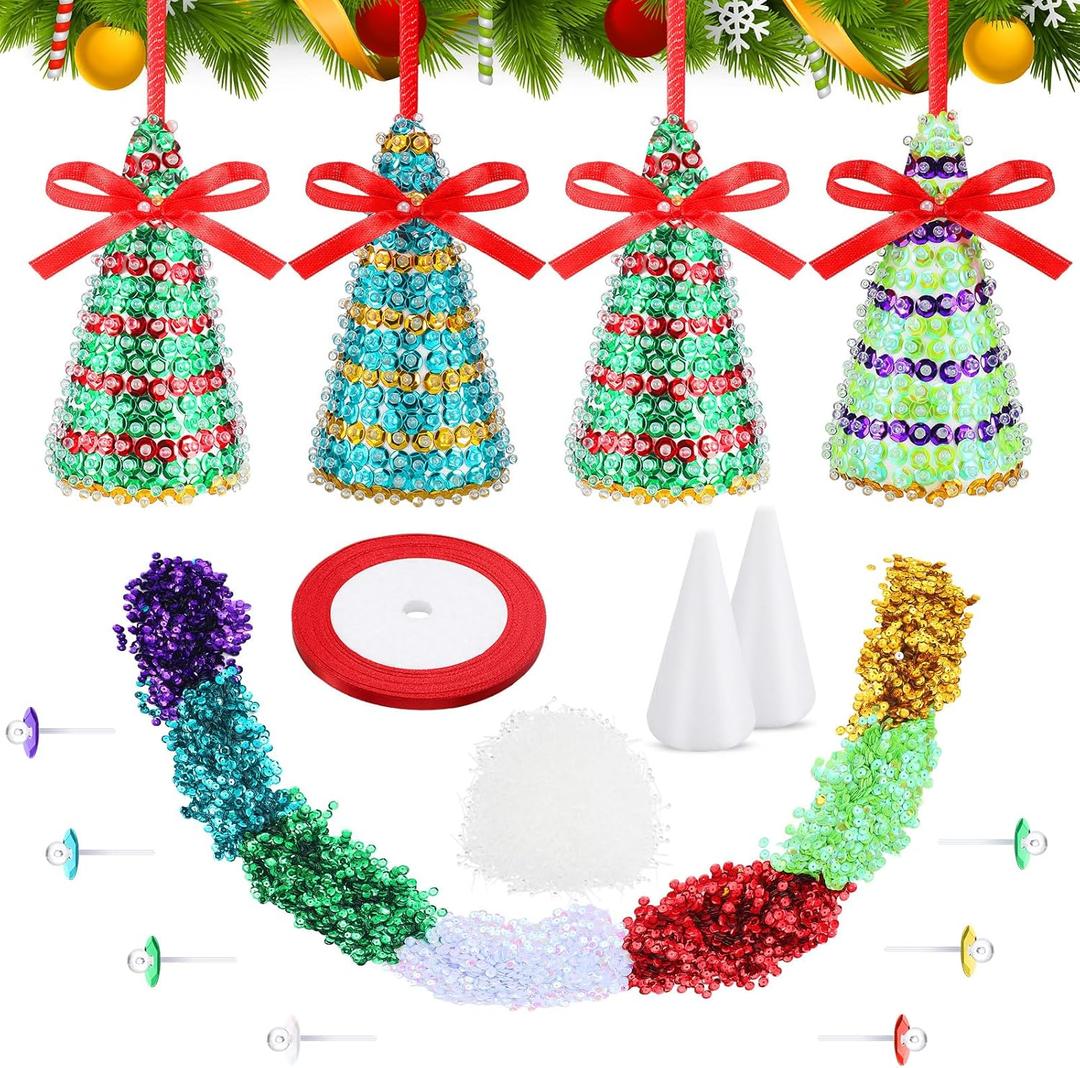 Soulchen 8 Set Christmas Tree Sequin Decoration Kits Christmas Tree Decoration Craft Ornament Included Cone Polystyrene Nails Sequins Ribbon for Make Your Own Sequin Tabletop Centerpiece Decor