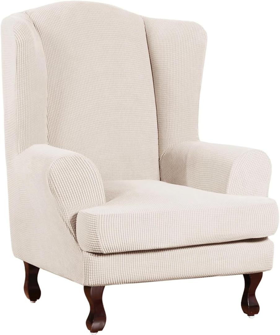 Turquoize Wingback Chair Covers 2 Piece Wing Chair Slipcover Stretch Slipcovers for Wingback Chairs Wing Chair Cover Spandex Jacquard Fabric with Elastic Bottom Non-Slip Furniture Cover, Ivory