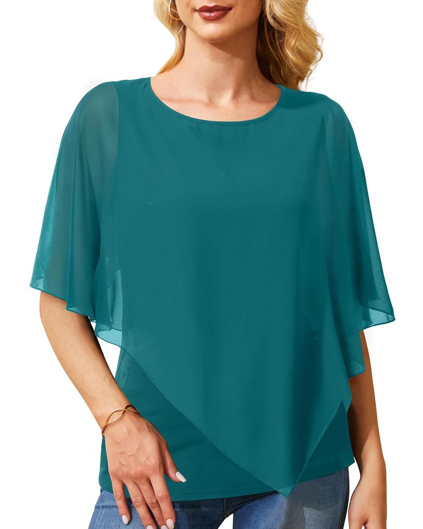 Holipick Women's Dressy Casual Top Ruffle Double Layered Solid Chiffon Blouses Shirts for Summer Teal (Green, M)