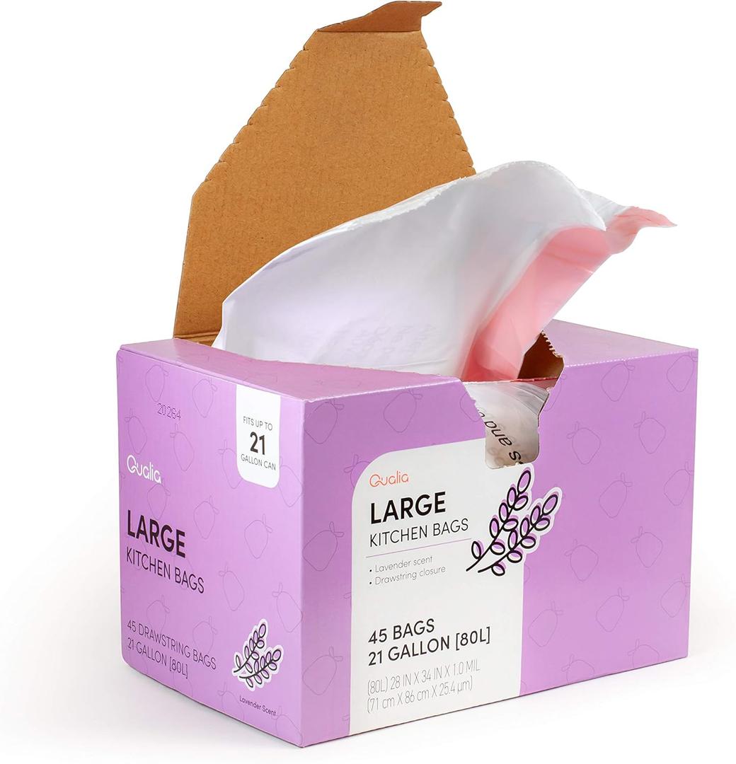 QUALIAZERO LAVENDER SCENTED 21 Gal / 80 Liter | Drawstring Closure Garbage Bag | Heavy Duty (LAVENDER, 45 BAGS), WHITE, (L10002)