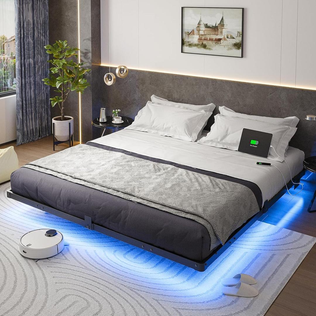 Liians King Size Floating Bed Frame with Smart LED Lights and USB Charging Station, Modern Sturdy Metal Platform, Noise Free, No Box Spring Needed Easy Assembly