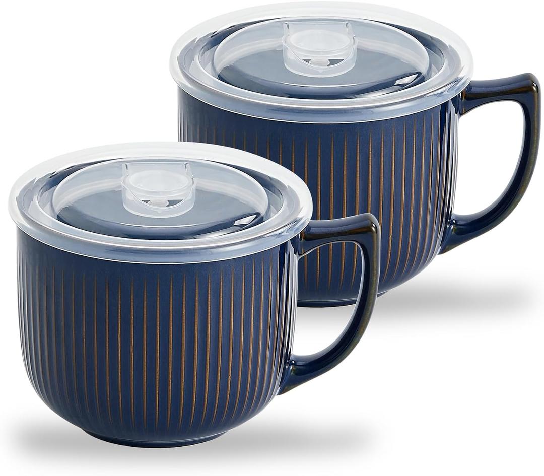 Ceramic Soup Bowl with Handle 32oz Microwave Ramen Bowl with Lid, Soup Mugs & Cups for Cereal, Oatmeal, Ramen, Instant Noodle, Soup Container with Lid - Set of 2 (Vintage Blue)