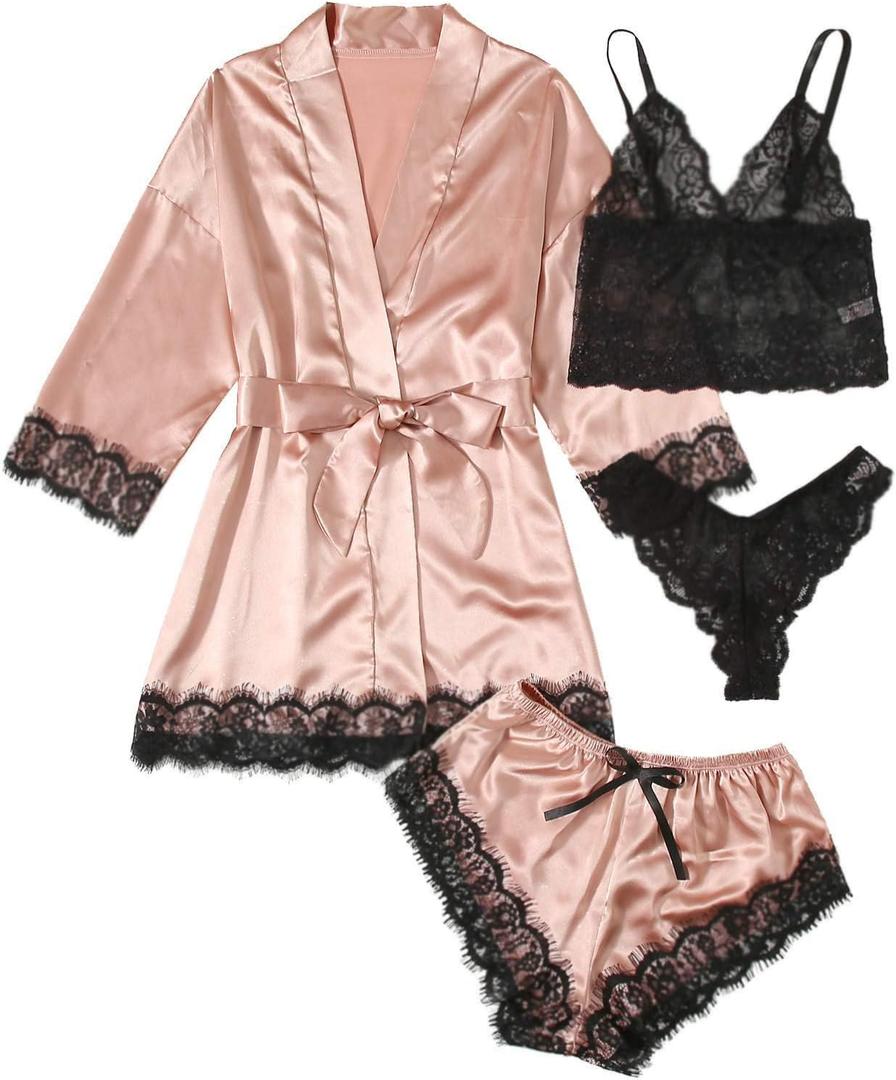 WDIRARA Women' Silk Satin Pajamas Set 4pcs Lingerie Floral Lace Cami Sleepwear with Robe (Large, Baby Pink)