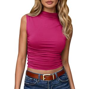 Tankaneo Womens Sleeveless Mock Turtleneck Tank Tops Slim Fitted Ruched Crop Top Shirts (Pink, S)