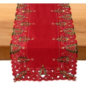 SHANGRLA Red Christmas Tree Table Runner 72 Inches Long  Embroidered Lace Tablerunner with Xmas Tree Design, Elegant Festive Dining Room Table Decor, Holiday Table Linen Centerpiece