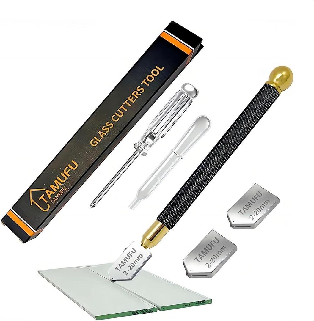 Glass Cutters Tools 2-20mm for Thick Glass Tiles Mirror Mosaic Cutting- Glass Cutting Tool with Automatic Oil Feed, Glass Cutter with Ergonomic Handle and 3 Carbide Tips (5Pcs Glasschneider-Set)