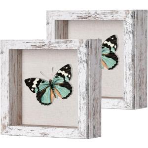 2 Packs 5x5 Shadow Box Frame with Linen Back - Sturdy Rustic Memory Display Case of Flower, Pictures, Medals and More, Distressed White
