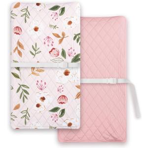 Light Quilted Changing Pad Cover 2 Pack, Soft Fitted Changing Table Covers for Baby Boys and Girls, Pink Floral